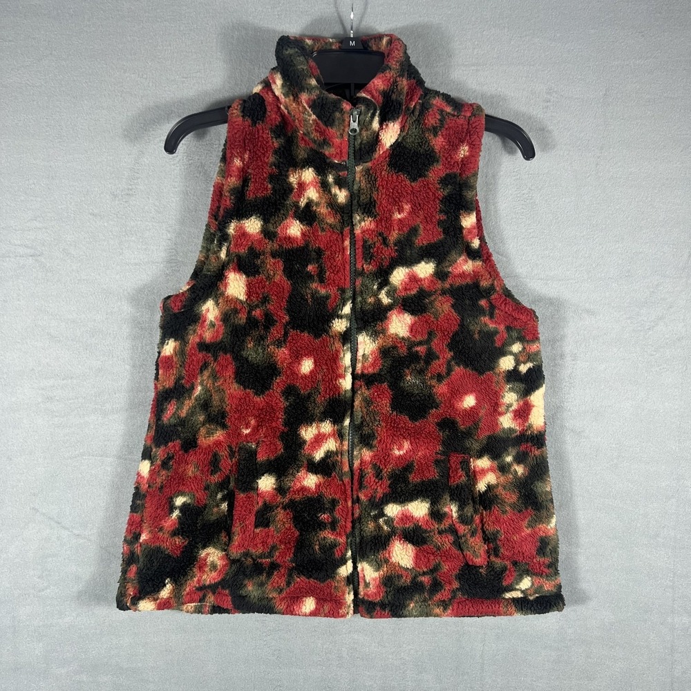 dip Women's M Abstract Floral Fleece Sherpa Vest Full Zip Red Black Green